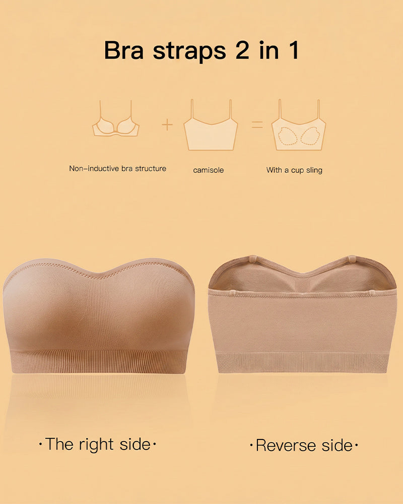 Beige strapless bandeau bra, molded cups and ribbed base