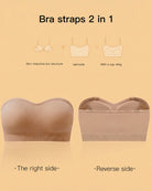Beige strapless bandeau bra, molded cups and ribbed base