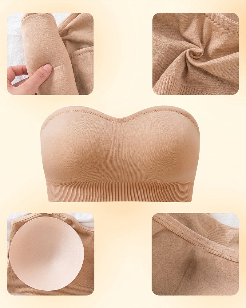 Beige strapless bandeau bra with molded cups and ribbed hem