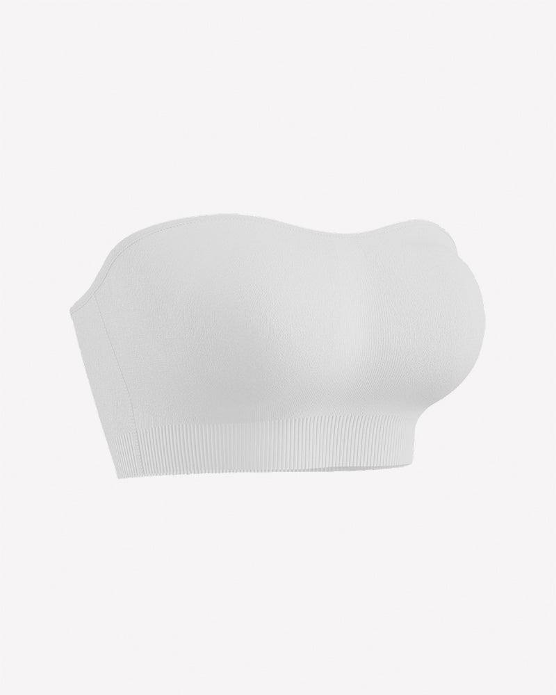 White strapless bandeau bra with molded cups and ribbed hem
