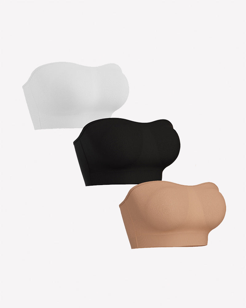 Strapless bandeau bra set with removable pads, black, white, and skin tone