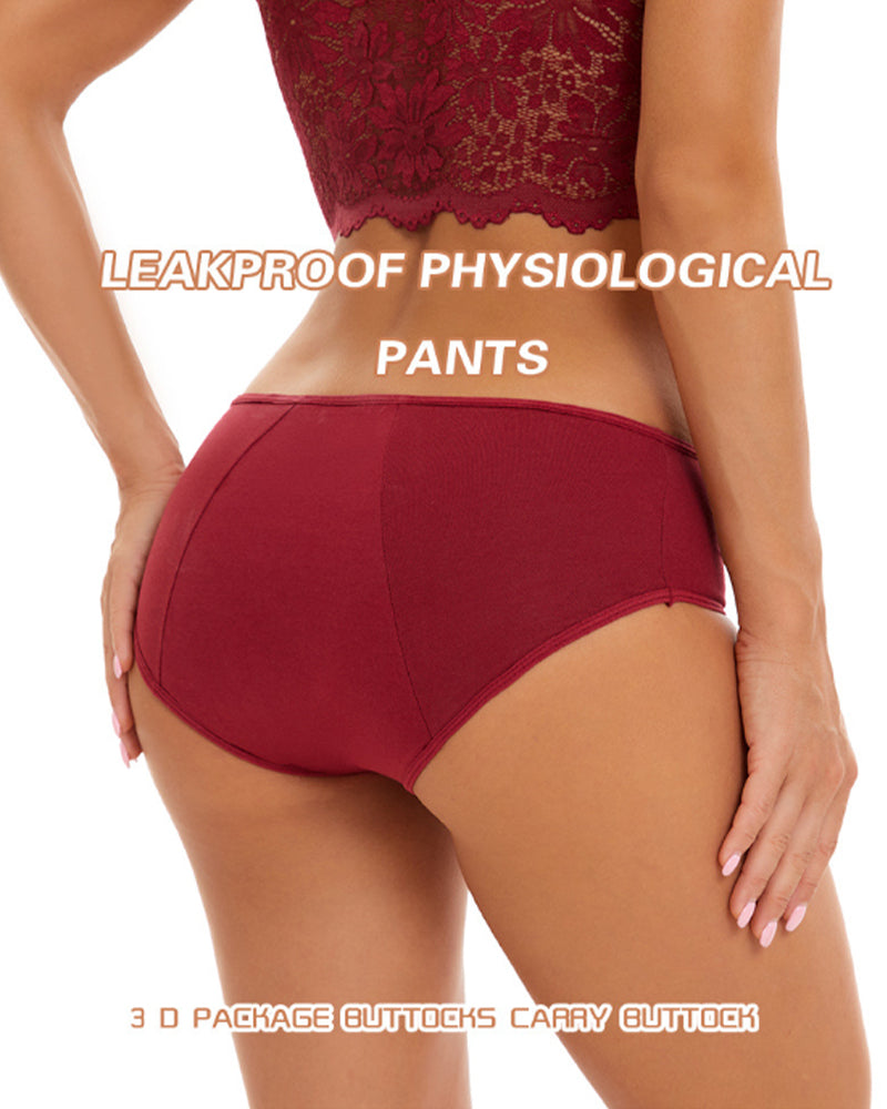 Wine red high-waisted leakproof period panties on model, side/back view