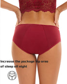 Wine red high-waisted leakproof period panties on model, back view