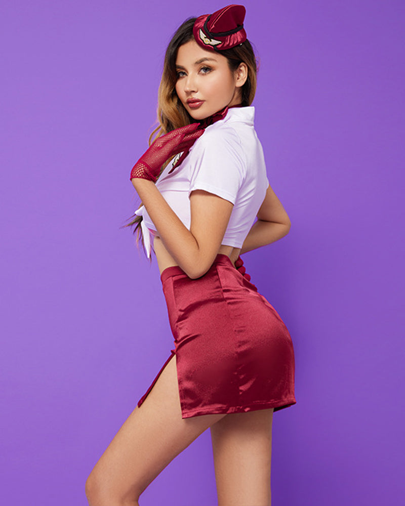 Wine red sailor costume set, side view with white top and satin skirt plus matching hat