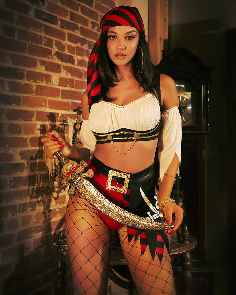 Pirate wench costume set with white peasant top, black corset, fishnet tights, red striped headscarf