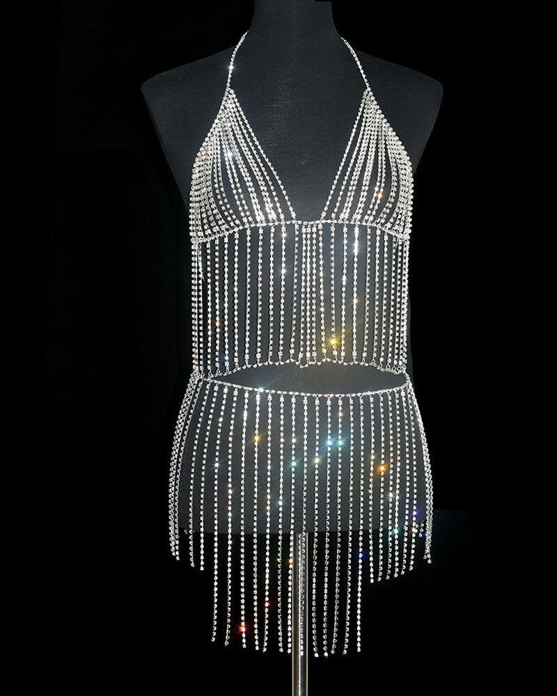 Silver rhinestone fringe halter crop top with matching mini skirt