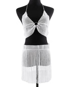 White rhinestone halter crop top and matching tassel mini skirt on mannequin