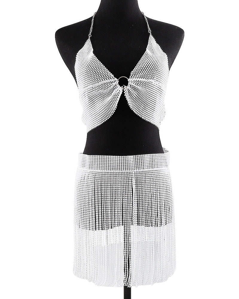 White rhinestone halter crop top and matching tassel mini skirt on mannequin