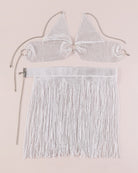 White rhinestone halter bra and tassel mini skirt, flat lay set