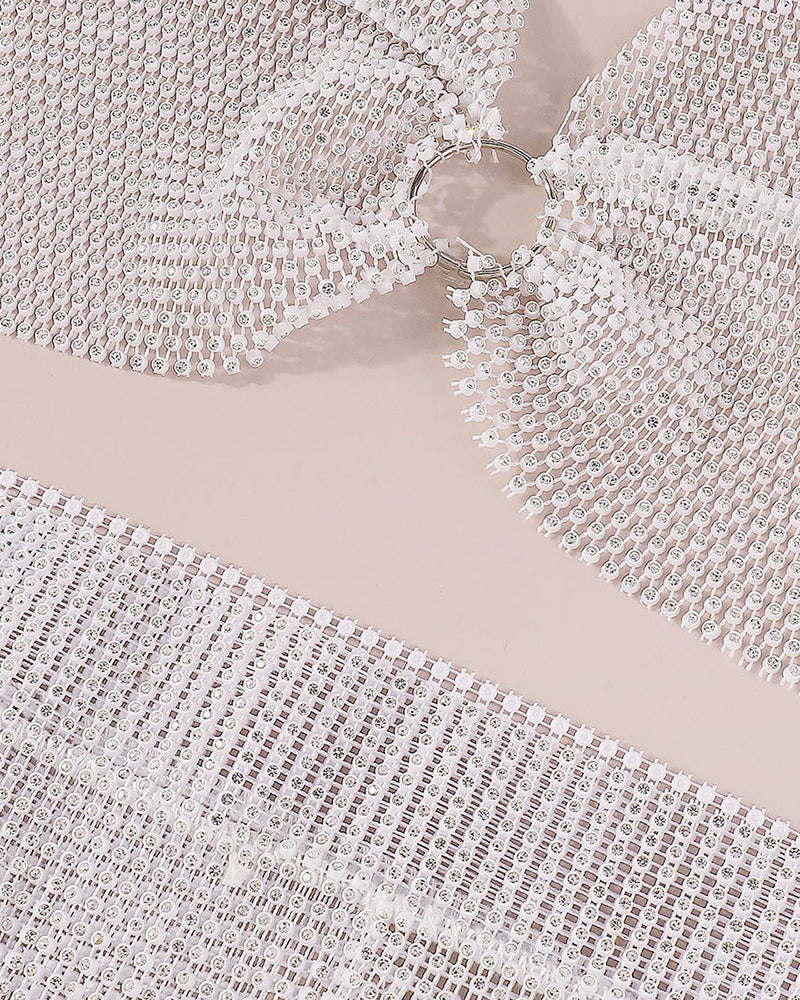 White rhinestone mesh tassel details with O-ring halter connector