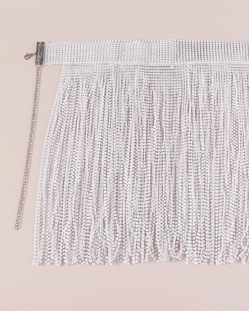 White rhinestone fringe mini skirt with dangling chain ties