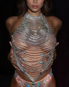 Silver rhinestone halter top with draped chain layers and blue bead accents
