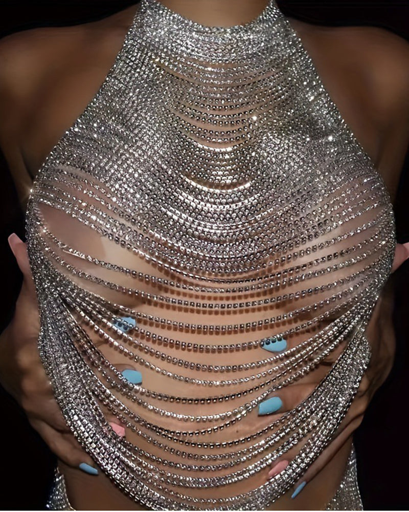 Silver rhinestone halter top with layered chain fringe and blue bead accents