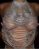 Silver rhinestone halter top with layered chain fringe and blue bead accents