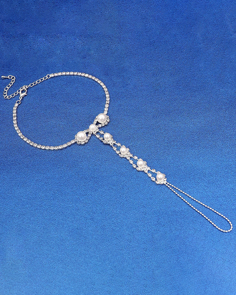Pearl rhinestone toe anklet tassel foot chain bracelet with long dangling strings