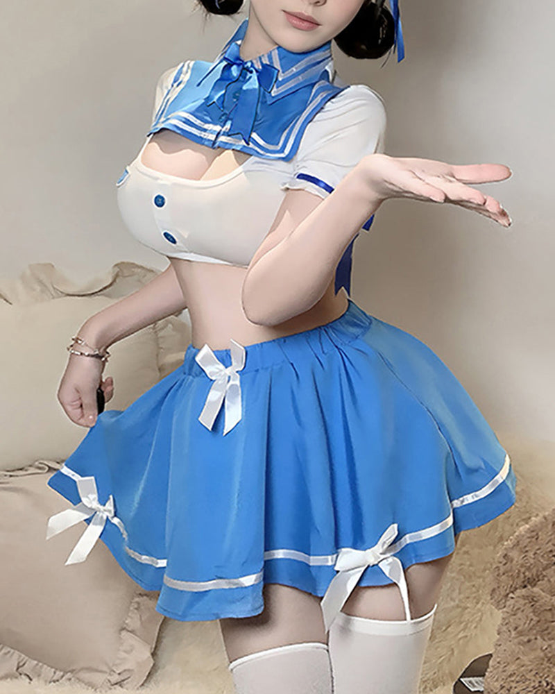 Sailor schoolgirl lingerie set with white top, blue skirt, ribbon details, and headband