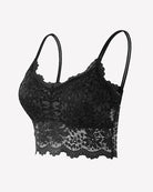 Black floral lace wireless bralette crop top with spaghetti straps and scalloped hem