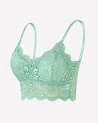 Mint green floral lace wireless bralette crop top with spaghetti straps and scalloped hem
