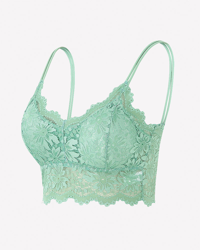 Mint green floral lace wireless bralette crop top with spaghetti straps and scalloped hem