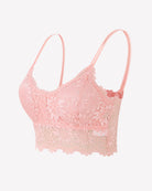Blush pink floral lace wireless bralette crop top with spaghetti straps and scalloped hem