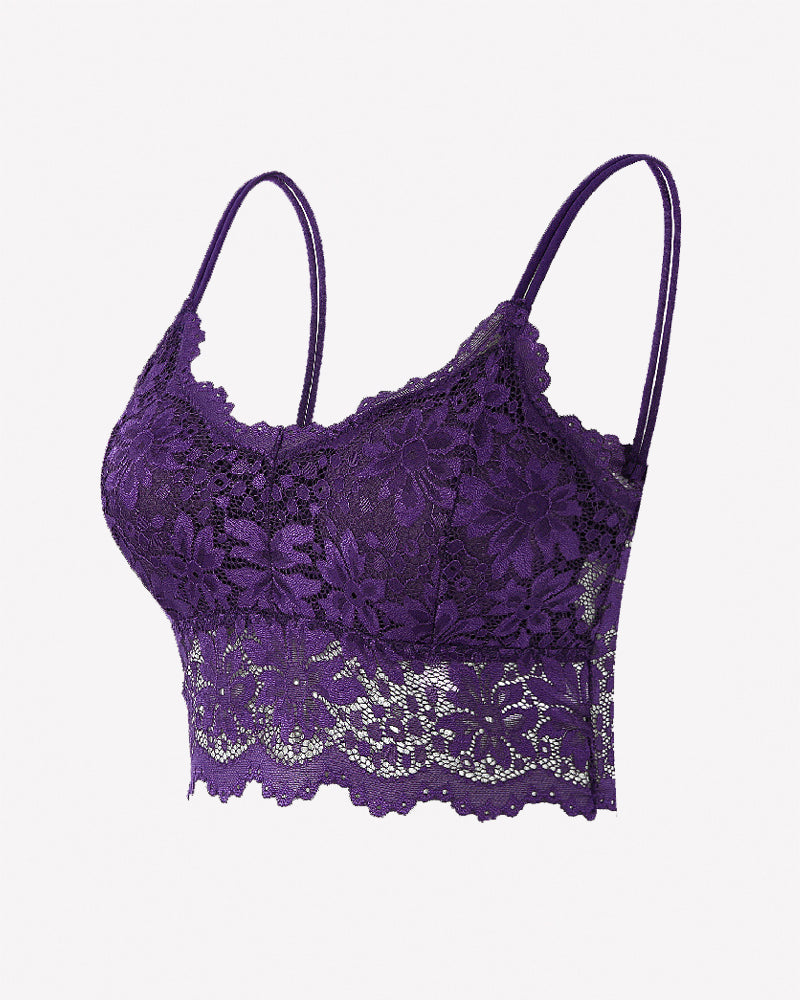 Purple floral lace wireless bralette crop top with spaghetti straps and scalloped hem
