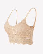 Beige floral lace wireless bralette crop top with spaghetti straps and scalloped hem
