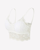 White floral lace wireless bralette crop top with spaghetti straps and scalloped hem