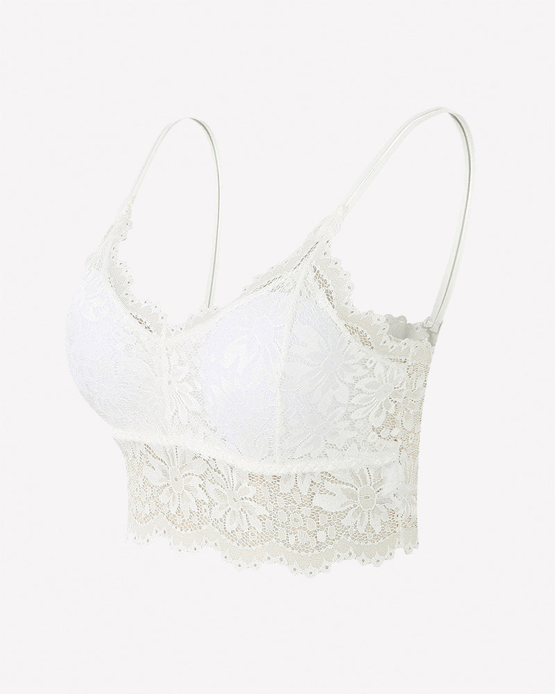 White floral lace wireless bralette crop top with spaghetti straps and scalloped hem