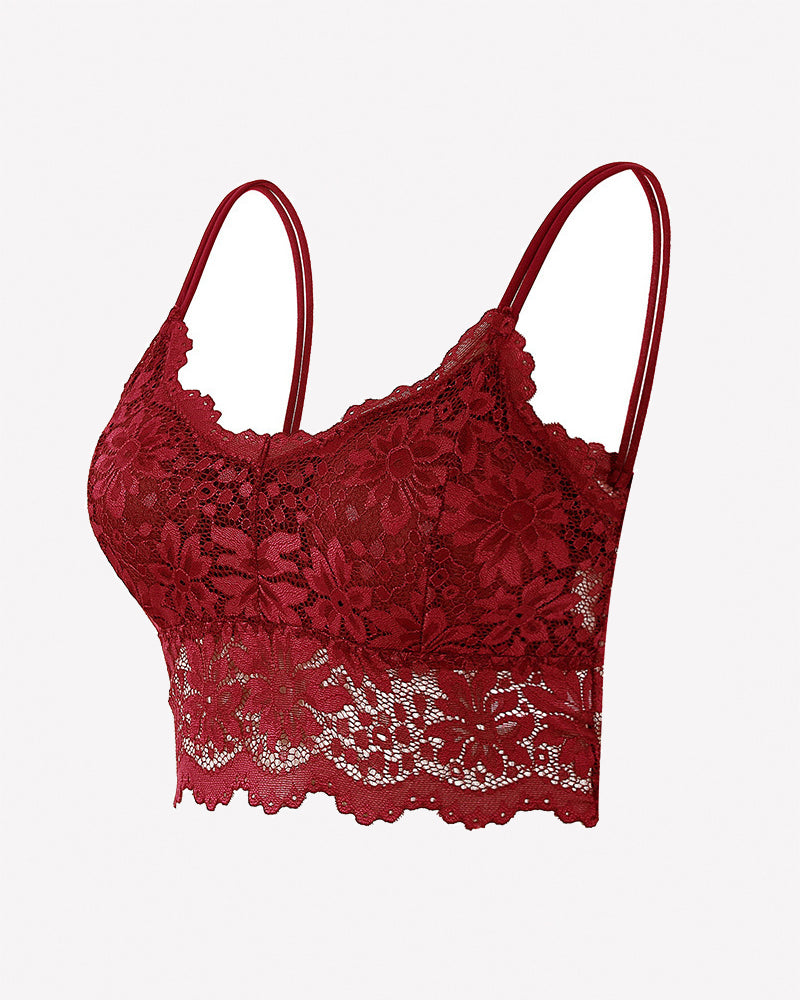 Wine red floral lace wireless bralette crop top with spaghetti straps and scalloped hem