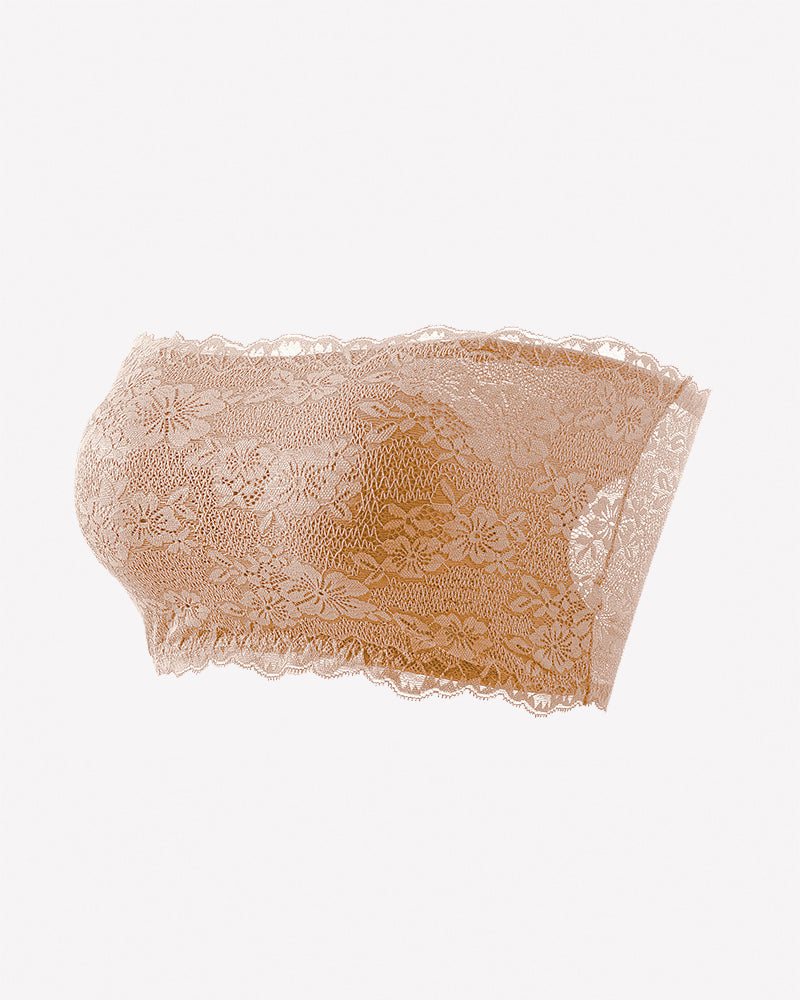 Skin-toned floral lace strapless bandeau bra with scalloped edge