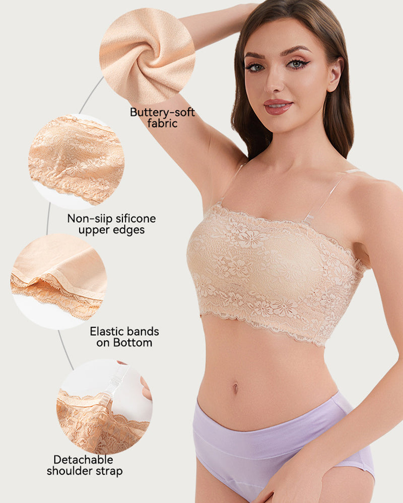 Skin-toned floral lace strapless bandeau bra on model, with detachable shoulder strap
