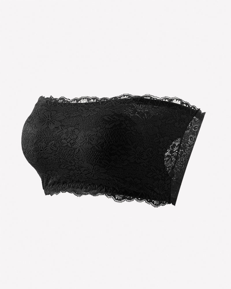 Black floral lace strapless bandeau bra with scalloped neckline and lace overlay