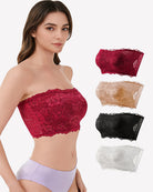 Floral lace strapless bandeau bras in red, nude, black, and white (set of 4)