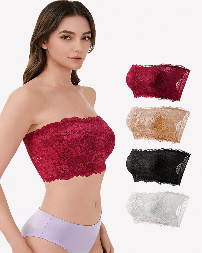 Floral lace strapless bandeau bras in red, nude, black, and white (set of 4)