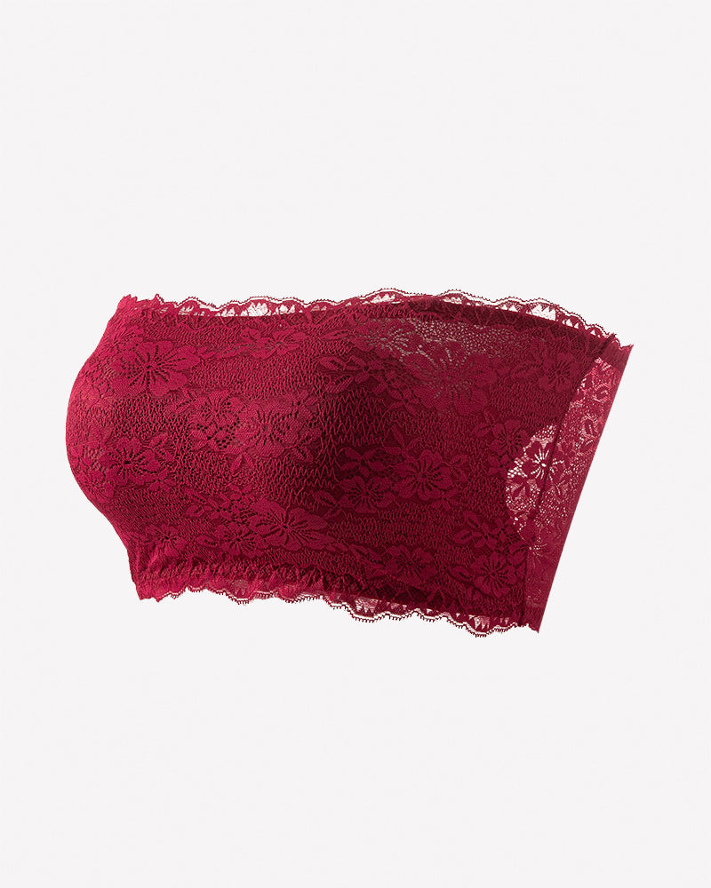 Wine red floral lace strapless bandeau bra with scalloped lace trim