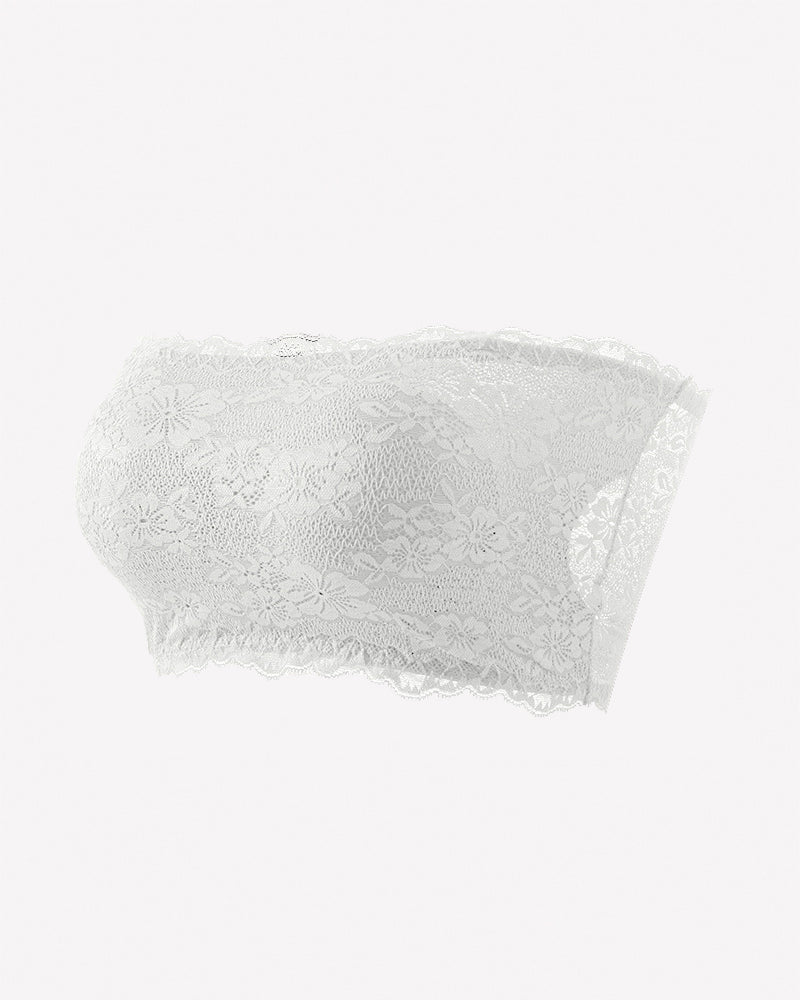 White floral lace strapless bandeau bra with scalloped edges
