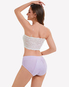 White floral lace strapless bandeau bra viewed from back with lace trim