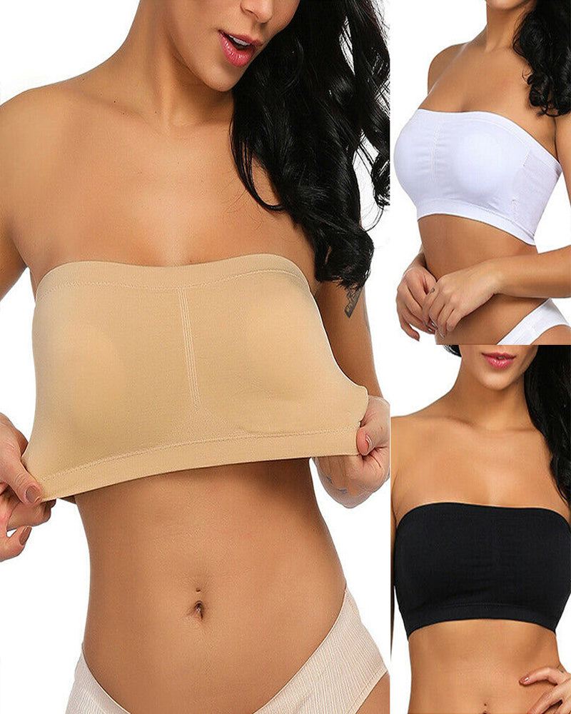 Beige strapless bandeau bra with view panels in white and black
