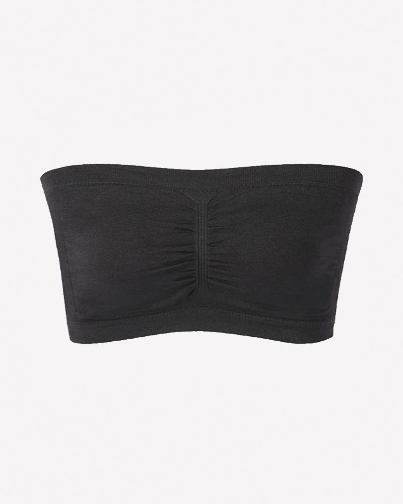 Black strapless seamless bandeau bra, wireless tube top with center seam