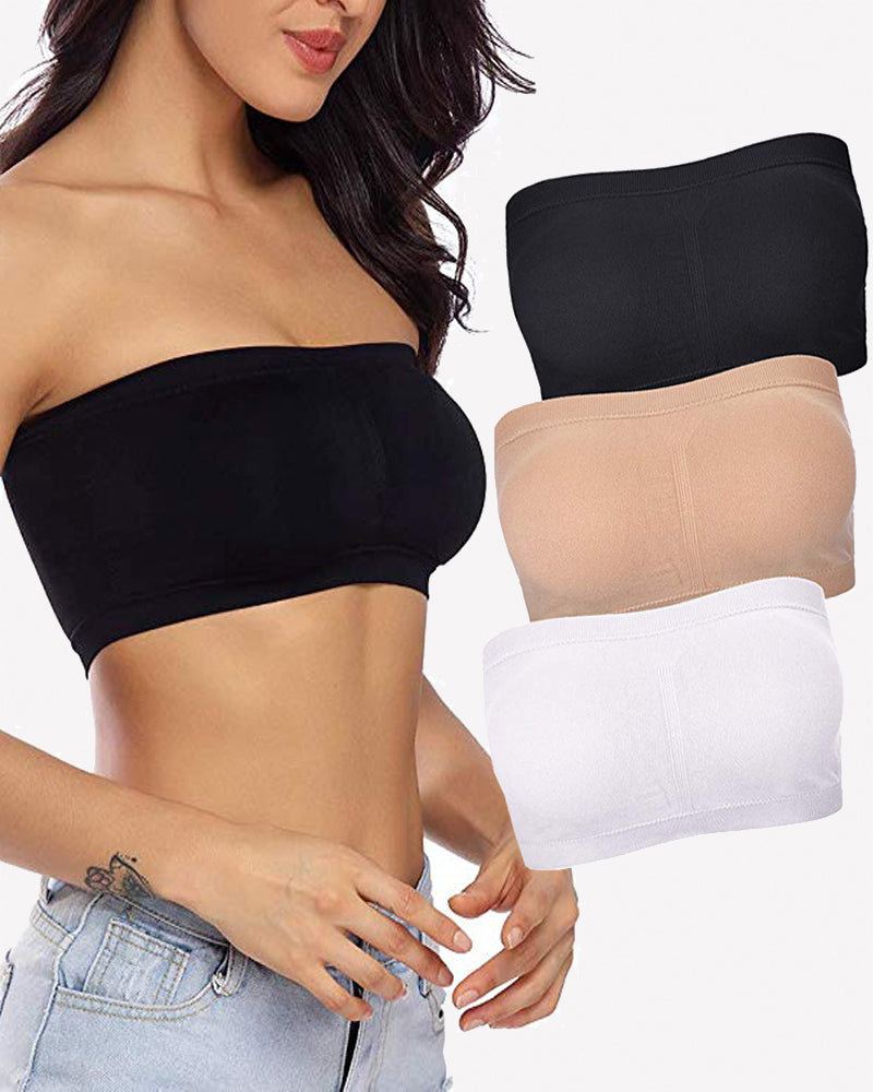 Set of strapless seamless bandeau bras in black, beige, and white