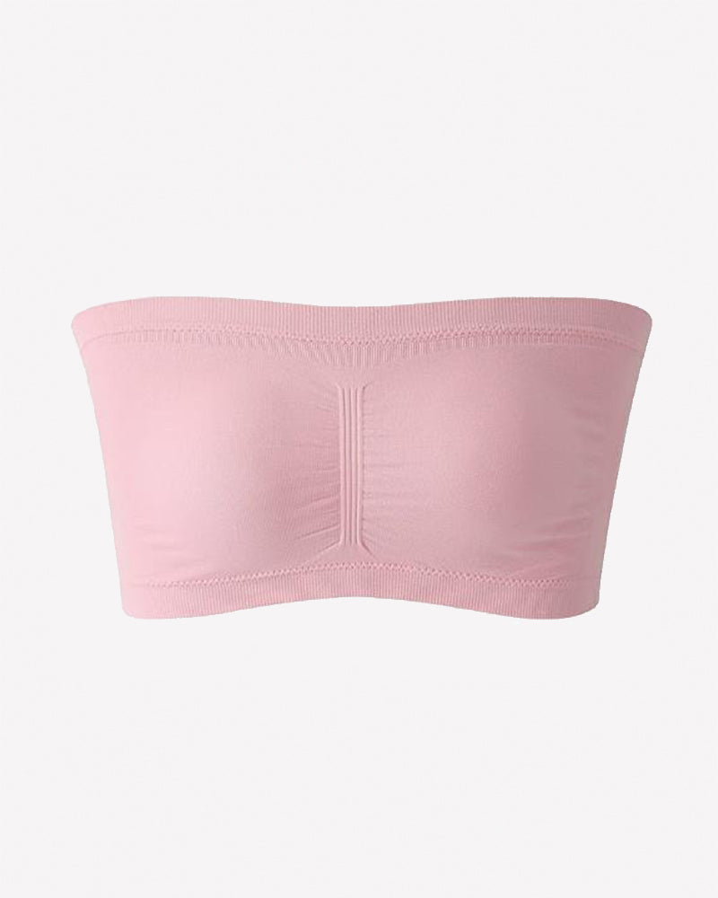 Pink strapless seamless bandeau bra, wireless tube top with center seam
