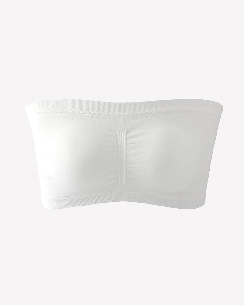 White strapless seamless bandeau bra, wireless tube top with center seam