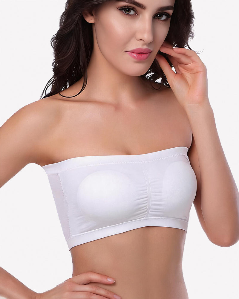 White strapless bandeau bra, seamless tube top with gathered center