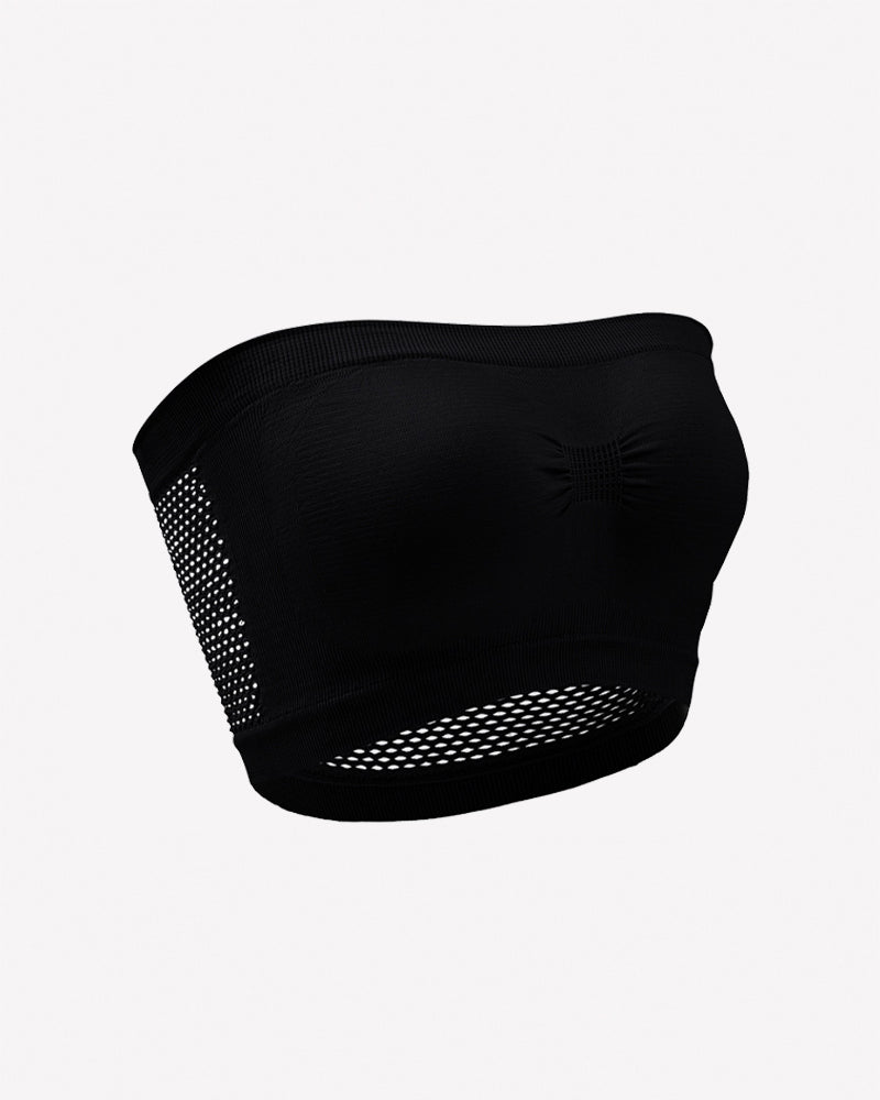 Black strapless bandeau bra with mesh side panels