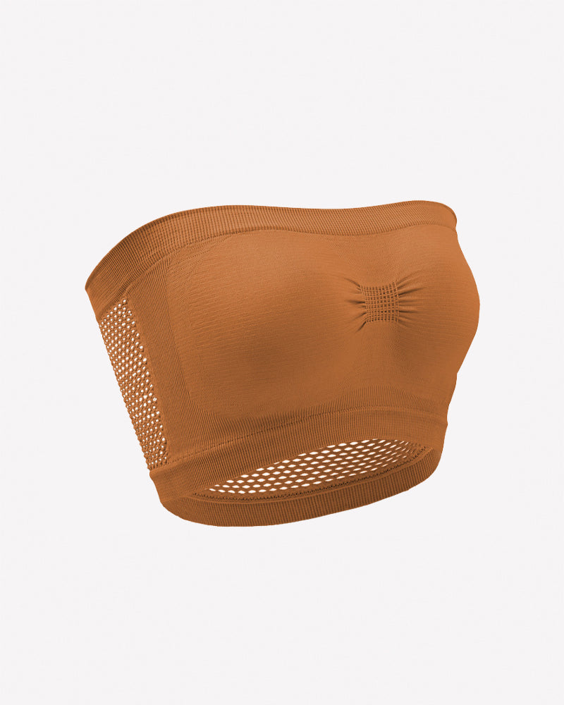 Tan strapless bandeau bra with mesh side panels