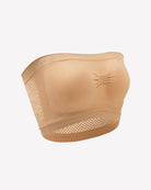 Light tan strapless bandeau bra with mesh side panels