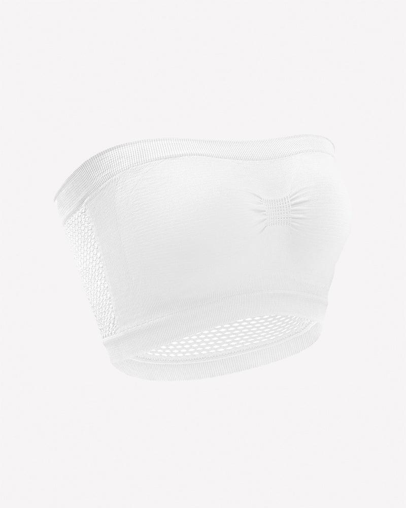 White strapless bandeau bra with mesh side panels