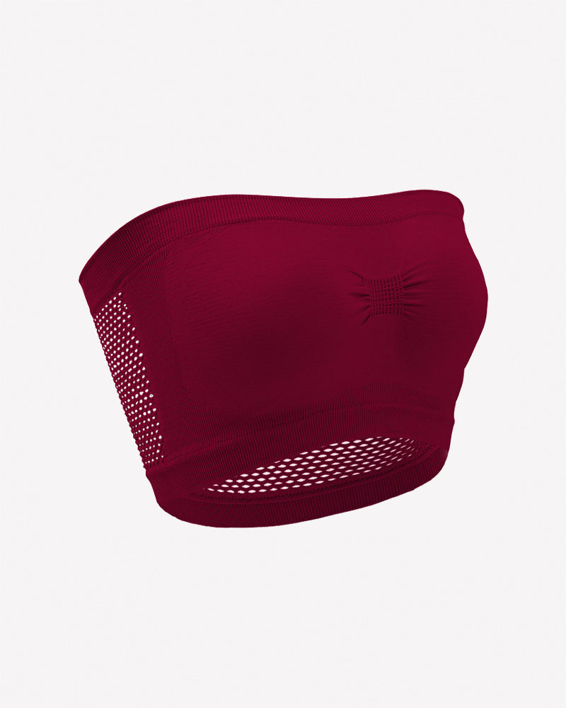 Wine red strapless bandeau bra with mesh side panels