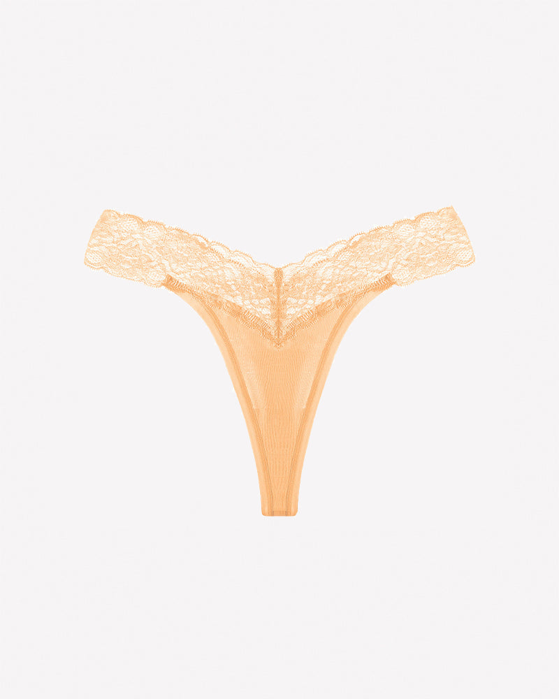 Floral lace low-rise V-thong panties in apricot with scalloped lace trim