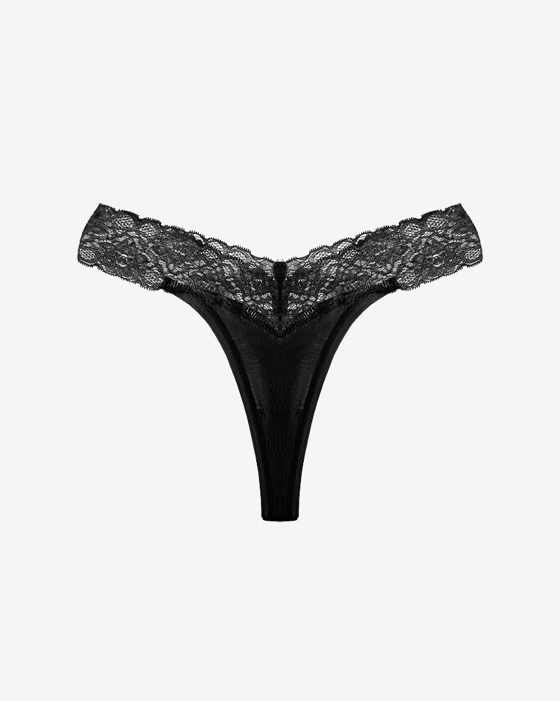 Floral lace low-rise V-thong panties in black with scalloped lace trim
